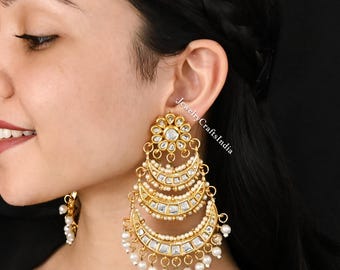 Big Kundan Earrings, kundan studs, Pearl earrings, Kundan Jewelry , Indian Traditional Earrings, Floral Earrings , Bridal jewlery, Danglers