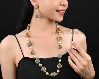 Antique Gold Plated Handmade Jewelry Victorian Ethnic Wear Pearl Long Necklace Chain Bohemian Indian Jewelry Women&#39;s Fashion Chain