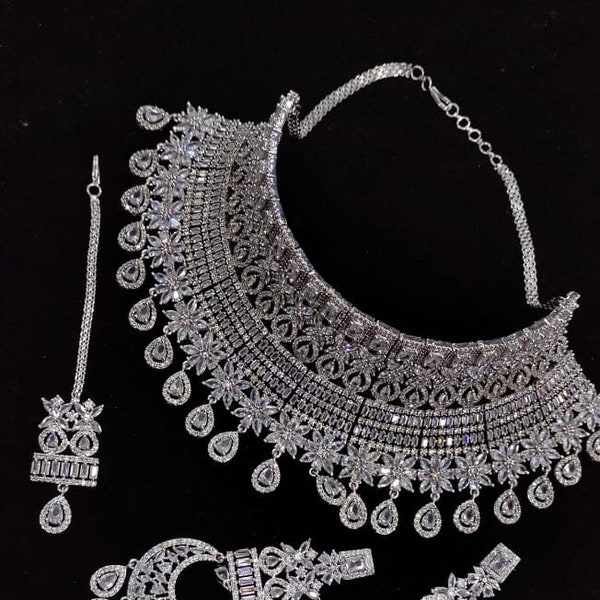 Silver Plated CZ Necklace / Sabyasachi Jewelry Set / Engagement American Diamond Necklace / Cz Jewelry / Pakistani jewelry / Indian Jewelry