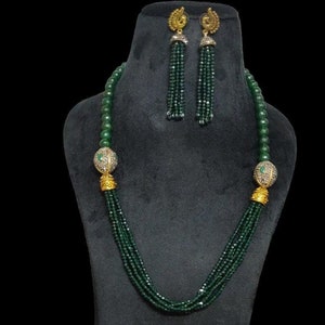 Green Beads Long Victorian Necklace/ Indian Jewelry/ Indian Wedding Necklace / Indian Long Necklace / Bollywood Jewelry / Sabyasachi Jewelry