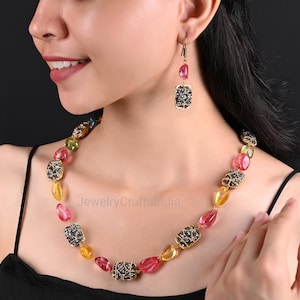 Victorian Multi Color Necklace / Single layer Chain / Bohemian Indian Jewelry Women&#39;s Fashion Chain / Indian Long Mala Necklace