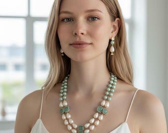 Long Victorian Beaded Necklace/ Indian Jewelry/ Indian Long Necklace/ Indian Trending Collection / Sabyasachi Inspired Jewelry / Mint Green