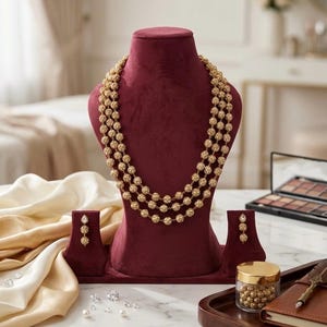 Peut inclure: Un collier à trois rangs de perles dorées et des boucles d'oreilles assorties présentés sur un buste en velours bordeaux. Les bijoux sont présentés sur une surface en marbre, avec d'autres bijoux et accessoires en arrière-plan.