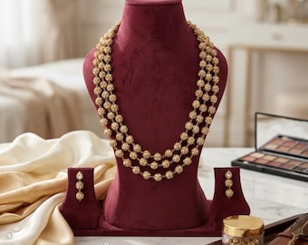 Collar largo de tres capas // Collar de diamantes americanos y Kundan // Collar largo indio // Conjunto de collar de varias hebras // Joyería Kundan