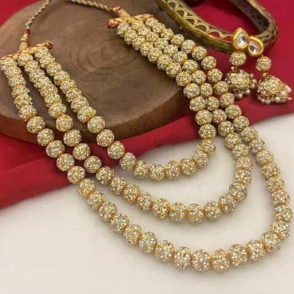 Three Layered Long Necklace || Kundan and American Diamond Necklace || Indian Long Necklace || Multi Strand Necklace Set || Kundan Jewelry