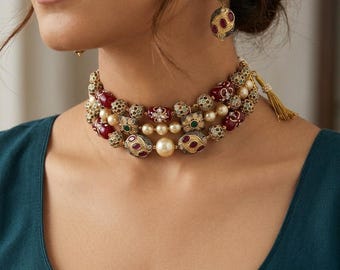 Royal Antique Beaded Choker Necklace – Ethnic Statement Jewelry – Gift for Her - Sabyasachi Inspired Jewelry