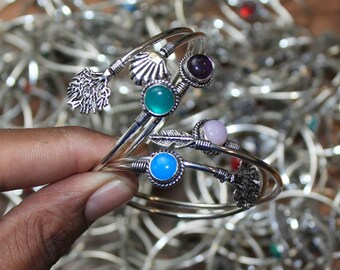 Cuff Bangle, Turquoise & Multi Gemstone Cuff Bangle, Silver Plated Gemstone Ring Lot, Boho Handmade Ring Lot, Charm Adjustable Cuff bangle