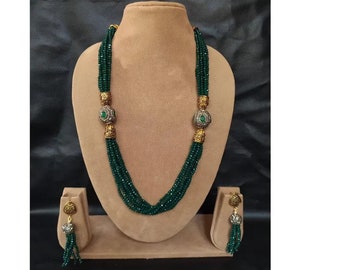 Green Beads Long Victorian Necklace/ Indian Jewelry/ Indian Necklace/ Indian Wedding/ Kundan Necklace/ Kundan Jewelry/ Sabyasachi Jewelry