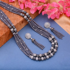 Gray multi strand mala/antique stones mala/necklace with earrings, indian/pakistani jewelry/valentine special/valentine gifted/women&#39;s wear