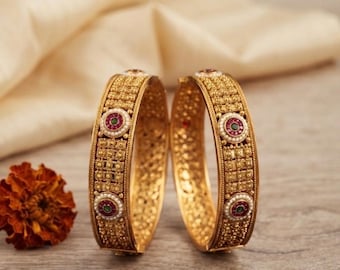 Traditional Bangles Set, Indian Wedding Polki Kada, Gold Plated Ethnic Jewelry for Women,Statement Handcrafted Bangle Set, Gold Plated kada