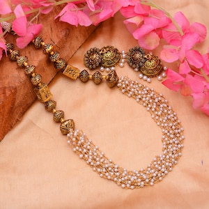 Antique Gold Plated Handmade Jewelry Victorian Ethnic Wear Pearl Long Necklace Chain Bohemian Indian Jewelry Women&#39;s Fashion Chain