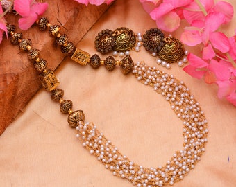 Antique Gold Plated Handmade Jewelry Victorian Ethnic Wear Pearl Long Necklace Chain Bohemian Indian Jewelry Women&#39;s Fashion Chain