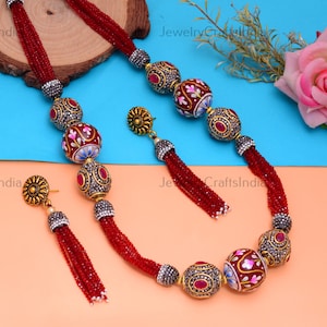 Kastanienbraune lange viktorianische Halskette / indischer Schmuck / indische Halskette / indische Hochzeit / Mala Halskette Sabyasachi / Meenakari Halskette