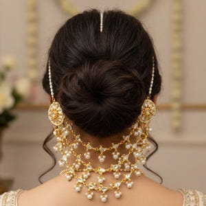 May include: A gold-toned bridal hair accessory with pearl and crystal accents. The ornate piece includes a headpiece, earrings, and a necklace-like design that drapes down the back. The jewelry is set against dark hair.