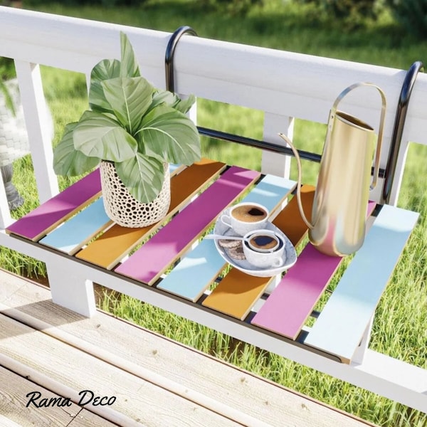 Waterproof, Natural Pine Wood, Colourful and Cute Balcony Table | Folding, Height Adjustable Balcony Table | Balcony Bar Table