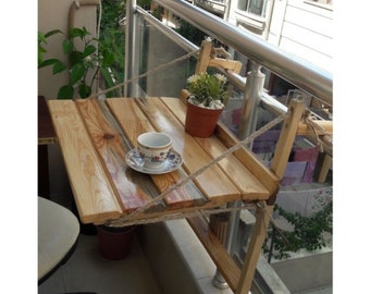 Table de balcon fabriquée à la main en pin rouge | Table de balcon pliante et réglable en hauteur | Table de bar de balcon