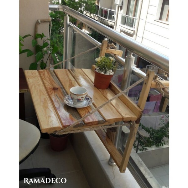 Handcrafted Balcony Table Made of Red Pine Wood | Folding, Height Adjustable Balcony Table | Balcony Bar Table