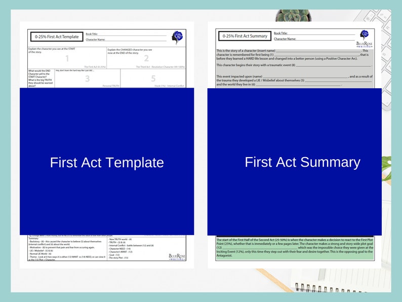 May include: A printable worksheet template for writers to outline the first act of a story. The template includes sections for character development, plot points, and internal conflict. The worksheet is titled "First Act Template".
