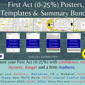 Peut inclure: Un pack de téléchargement numérique pour les écrivains, comprenant des affiches, des modèles et des résumés pour le premier acte d'une histoire. Le pack comprend un résumé codé par couleur, un résumé en noir et blanc, un modèle avec des invites et un modèle sans invites. Le texte sur l'image est "First Act (0-25%) Posters, Templates & Summary Bundle".