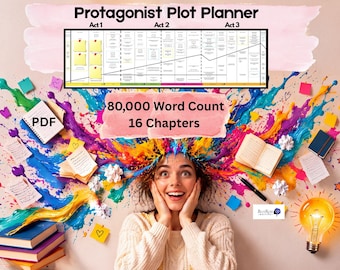 May include: A Protagonist Plot Planner chart divided into Act 1, Act 2, and Act 3, featuring yellow sticky notes. Below, text reads 80,000 Word Count 16 Chapters. The background displays colorful paint splashes, books, a lightbulb, and a PDF icon.