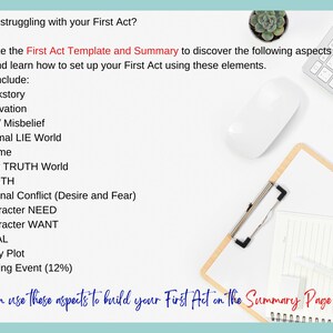 First Act Template is a questionnaire to discover your backstory, motivation, LIE/ Misbelief, normal lie world, theme, new truth world, truth, internal conflict (desire and fear), character need, character want, goal, story plot, inciting event (12%)