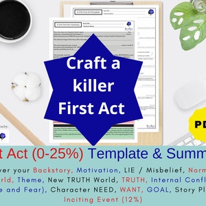 Könnte beinhalten: Ein Arbeitsplatz mit einer Schreibvorlage und Zusammenfassung mit dem Titel "First Act (0-25%)". Das Bild zeigt eine blaue Sternburst-Grafik mit dem Text "Craft a killer First Act". Ein PDF-Symbol ist sichtbar, zusammen mit einer Kaffeetasse und einem Wattebausch.