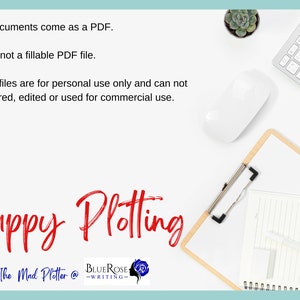 May include: A white desk with a keyboard, mouse, and clipboard. The text "Happy Plotting" is in red script. Additional text states the documents are PDFs for personal use only. A small succulent plant and a notepad are also visible.