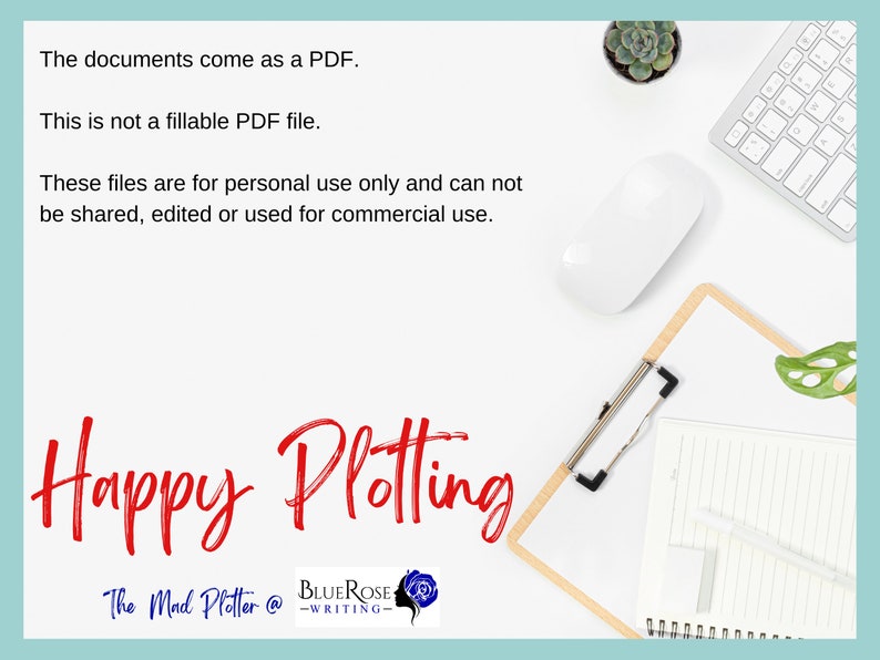 May include: A white desk with a keyboard, mouse, and clipboard. The text "Happy Plotting" is in red script. Additional text states the documents are PDFs for personal use only. A small succulent plant and a notepad are also visible.