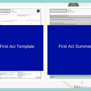 May include: Two blue templates for writing, labeled "First Act Template" and "First Act Summary." Each template has a white background with black text. The "First Act Template" includes numbered sections. The "First Act Summary" has text boxes for character analysis.