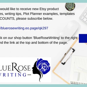 May include: A promotional image for BlueRoseWriting, featuring a logo with a blue rose and a woman's silhouette. Text encourages subscription for updates, writing tips, and discounts. A keyboard, mouse, and notepad are also visible.