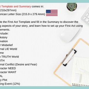 May include: A white desk setup with a clipboard, notebook, and keyboard. Text on the image reads "First Act Template and Summary" and lists A4 and American Letter sizes. The text also lists story elements like Backstory, Motivation, and Goal.
