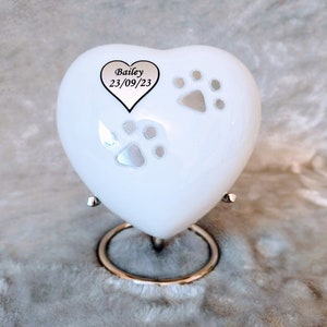 Medium Size 5 inch Personalised White Heart FREE Stand, Pet Dog Cat Loss Cremation, Handmade, Ashes, FREE Delivery, FREE Velvet Bag & Box