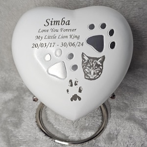 White Heart Pet Urn – Photo & Paw Print Personalised - Medium, 5 Inch (Up to 15kg/33lbs)