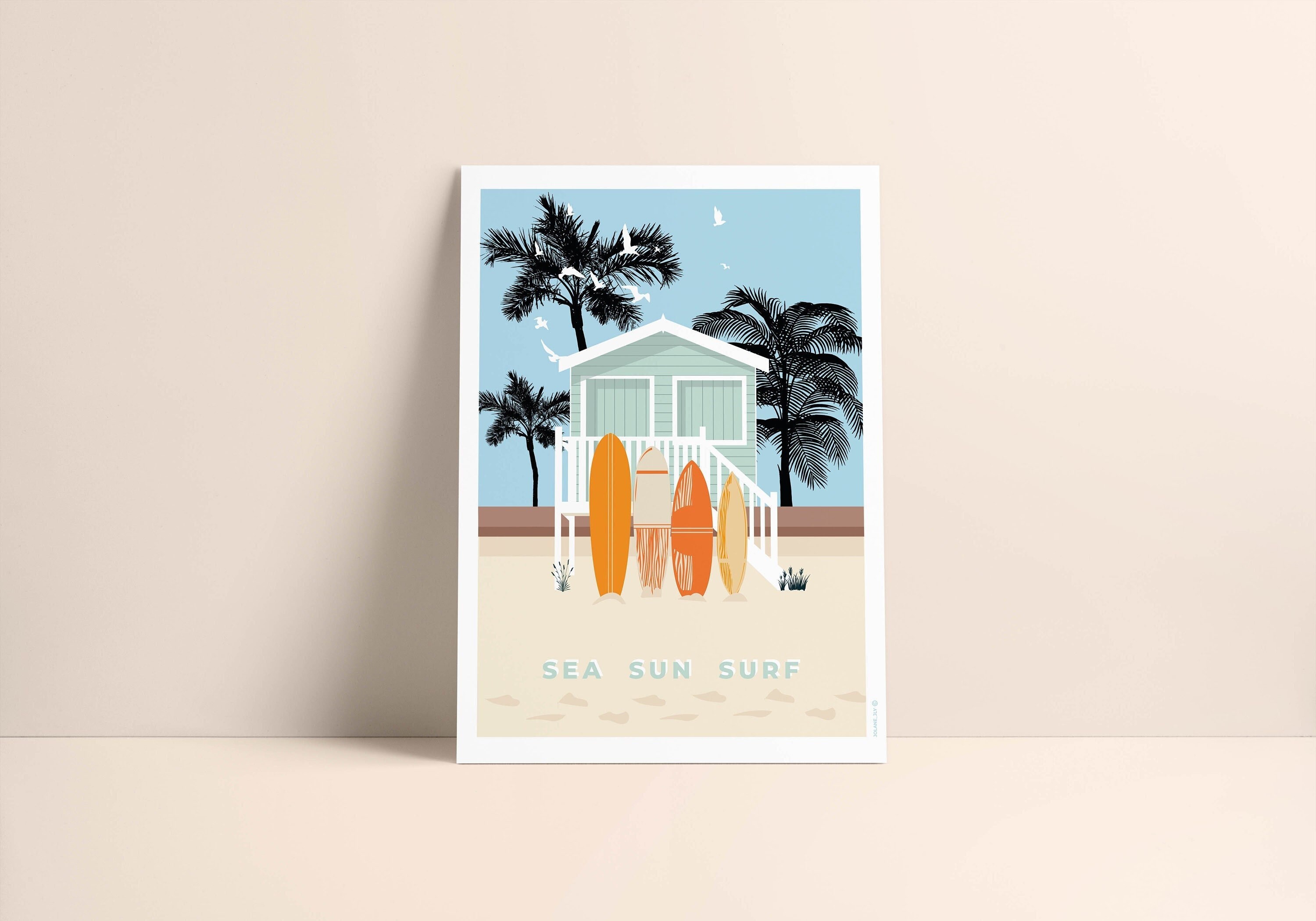 Affiche Poster Illustration - Sea Sun Surf Cabane de Plage