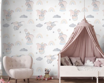 Dumbo Wall Mural | Watercolor Dumbo Wallpaper | Watercolor Cute Elephant and Rainbow Wallpaper | Nursery Decor | Children Wallpaper Ref 112