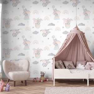 Murale Dumbo / Carta da parati Dumbo ad acquerello / Carta da parati acquerello con elefante carino e arcobaleno / Decorazione per la scuola materna / Carta da parati per bambini Rif 112