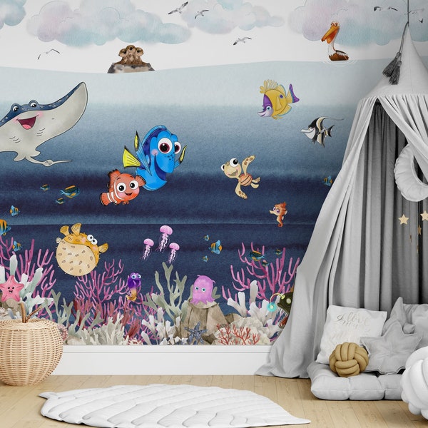 Finding Nemo Wall Mural | Nemo and Dory Wall Mural | Underwater Wallpaper | Nursery Decor | Children Wallpaper Ref 089