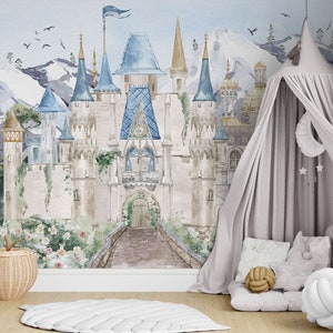 Murale del castello delle fiabe / Carta da parati del castello ad acquerello / Carta da parati del castello della principessa / Decorazione della cameretta / Carta da parati per bambini Rif 098