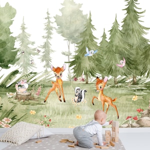 Acquerello Bambi Wall Mural / A Life in the Woods Wallpaper / Nursery Decor / Children Wallpaper Ref 060