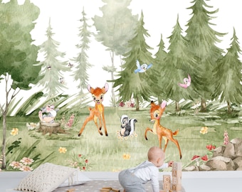 Aquarelle Bambi Mural mural | Une vie dans les bois Papier peint | | de décoration de pépinière Papier peint pour enfants Ref 060