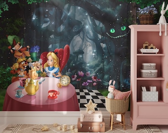 Alice in Wonderland Wall Mural | Tea Party Wallpaper | Alice in the Enchanted Forest Wall Mural lNursery Decor | Children Wallpaper Ref 108