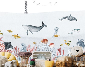 Under the Sea Wall Mural | Sealife Wall Mural | Underwater Wallpaper | Sea Bottom Nursery Decor | Children Wallpaper Ref 099