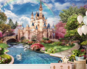 Princess Castle Wall Mural | Cinderella Castle Wallpaper | Fairy Tale Wall Mural | Nursery Decor | Children Wallpaper Ref 074