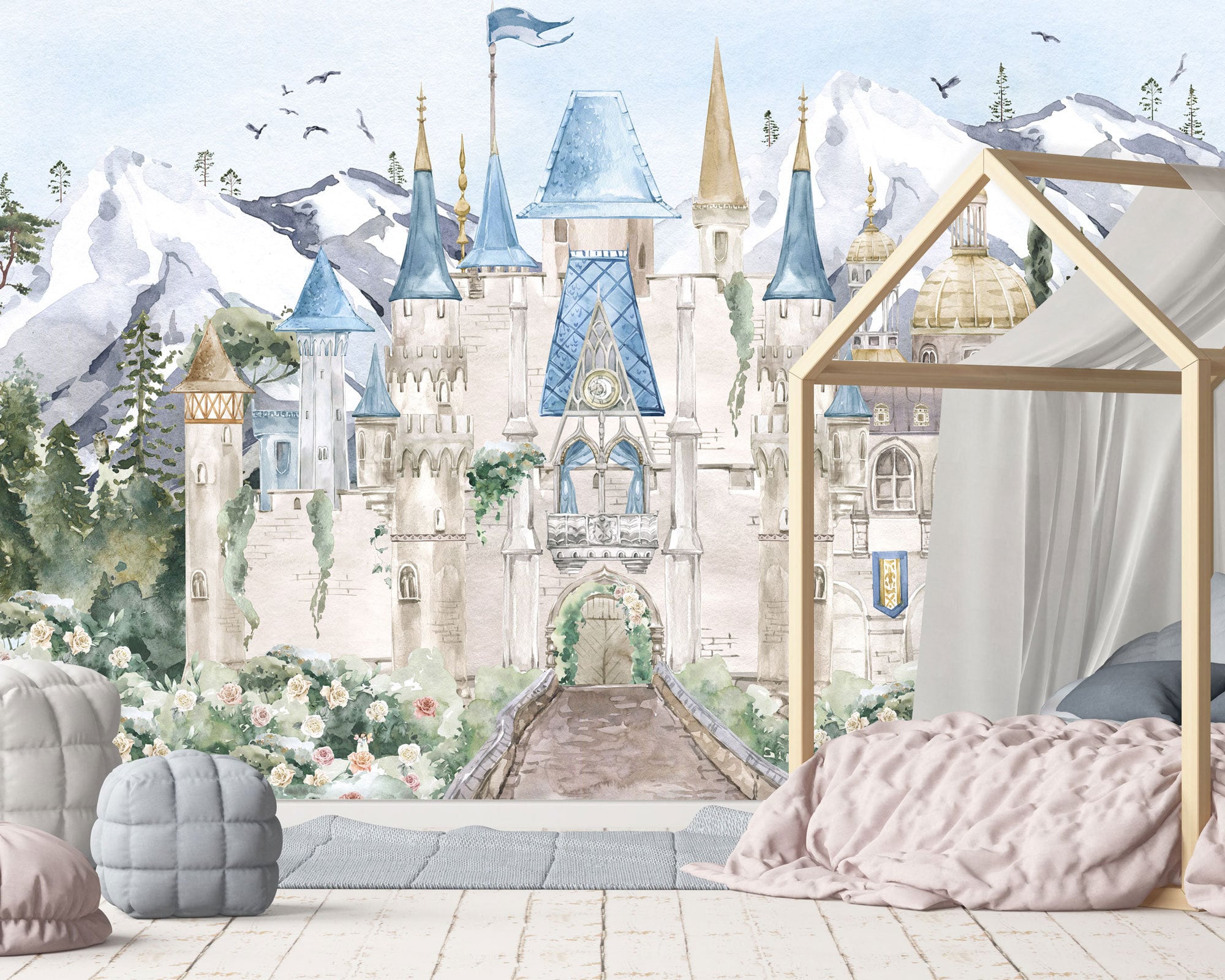 おとぎ話の城の壁画 | 水彩画の城の壁紙 | プリンセス城の壁紙