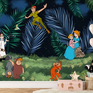 Peter Pan Wall Mural / Neverland Wallpaper / Nursery Decor / Carta da parati per bambini Ref 022