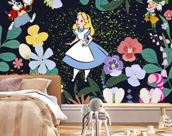 不思議の国のアリスの庭園壁画｜風変わりな花柄の子供向け壁紙 - Etsy 日本