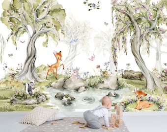 Watercolor Bambi and Friends Wall Mural | A Life in the Woods Wallpaper | Nursery Decor | Children Wallpaper Ref 092