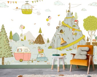 The Whimsical Forest Mountain Wall Mural | Forest Friends Wallpaper | Cute Animals Wallpaper | Nursery Decor | Children Wallpaper Ref 110