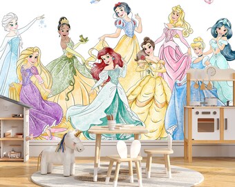 水彩画プリンセス壁画 | プリンセス壁紙 | 保育園の装飾 | 子供用壁紙