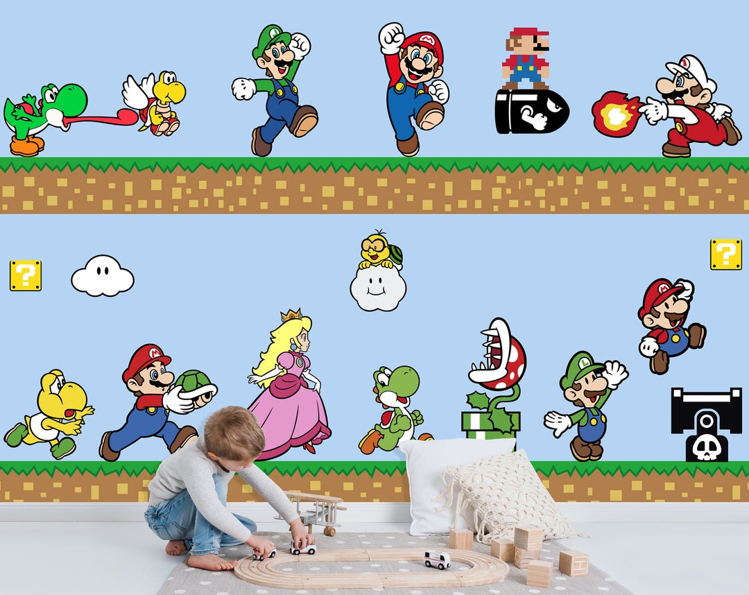 Super Mario Wall Mural Mario Wall Mural Super Mario Wallpaper Nursery Decor Children Wallpaper
